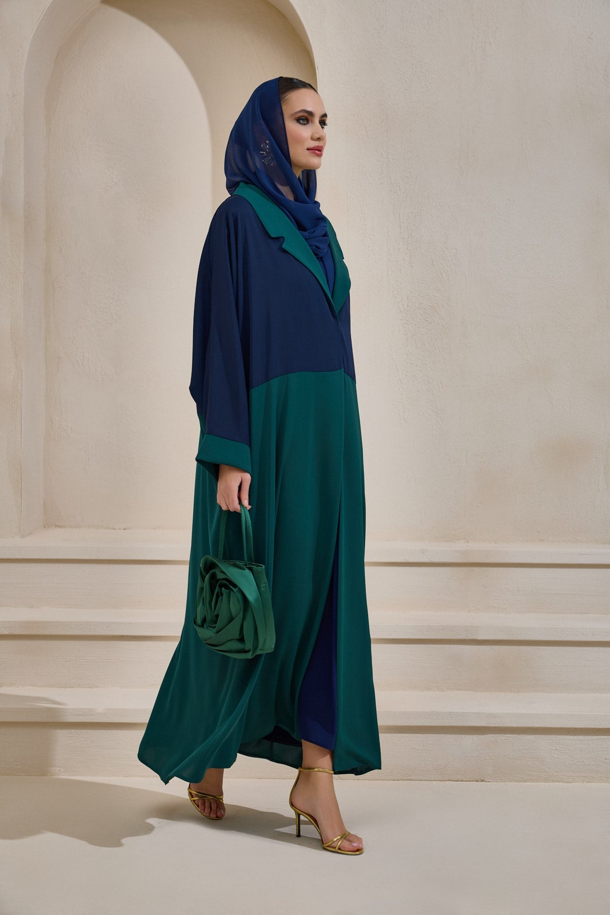 Green and Navy Blue Abaya Set with Shawl - sonafey