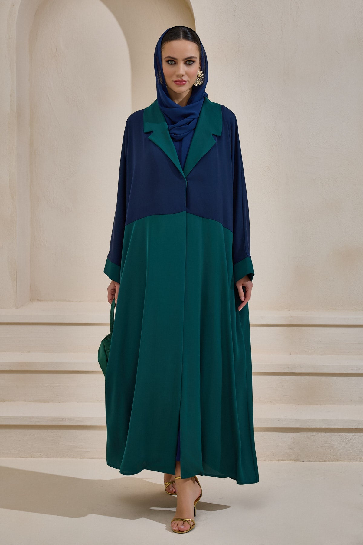 Green and Navy Blue Abaya Set with Shawl - sonafey
