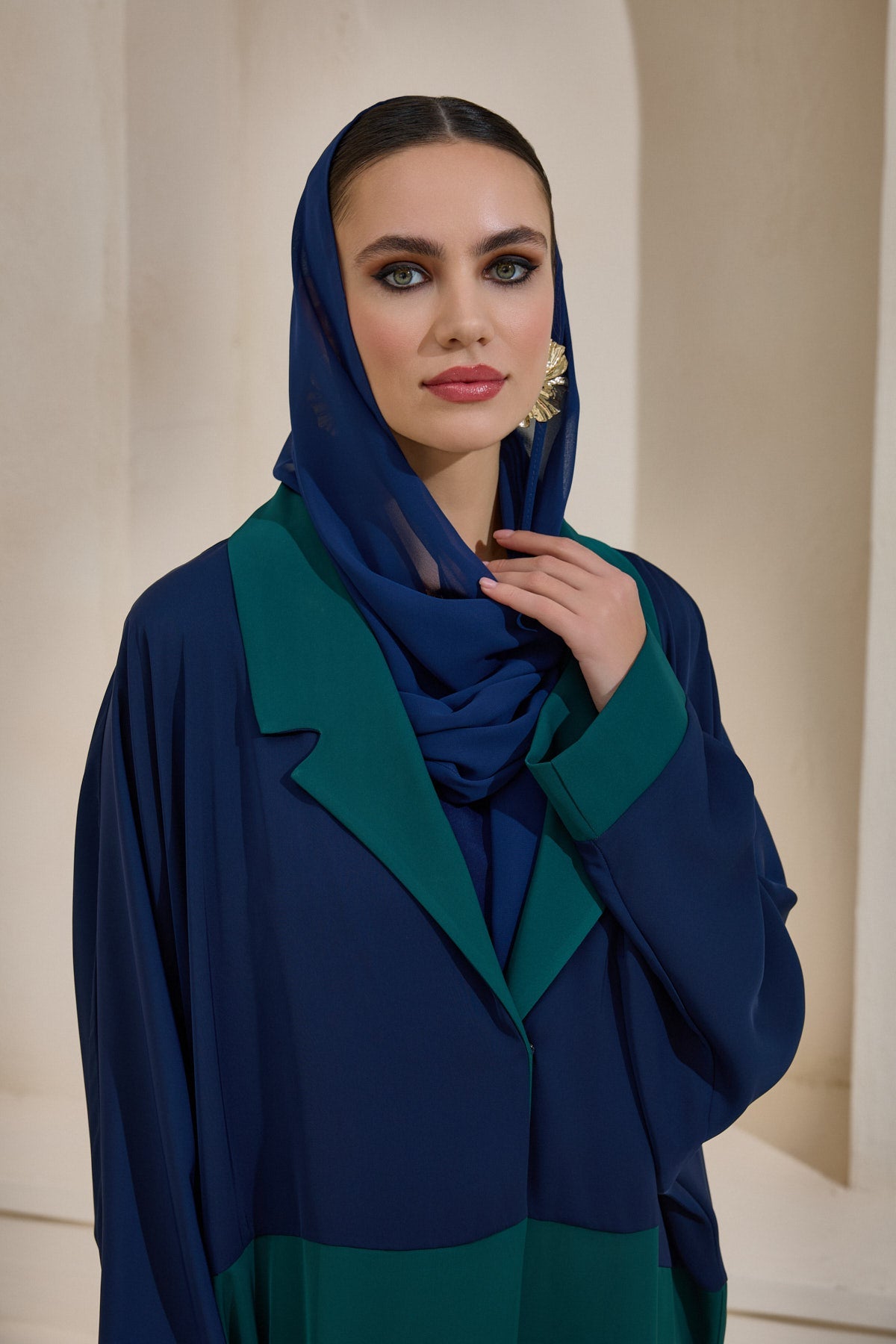 Green and Navy Blue Abaya Set with Shawl - sonafey