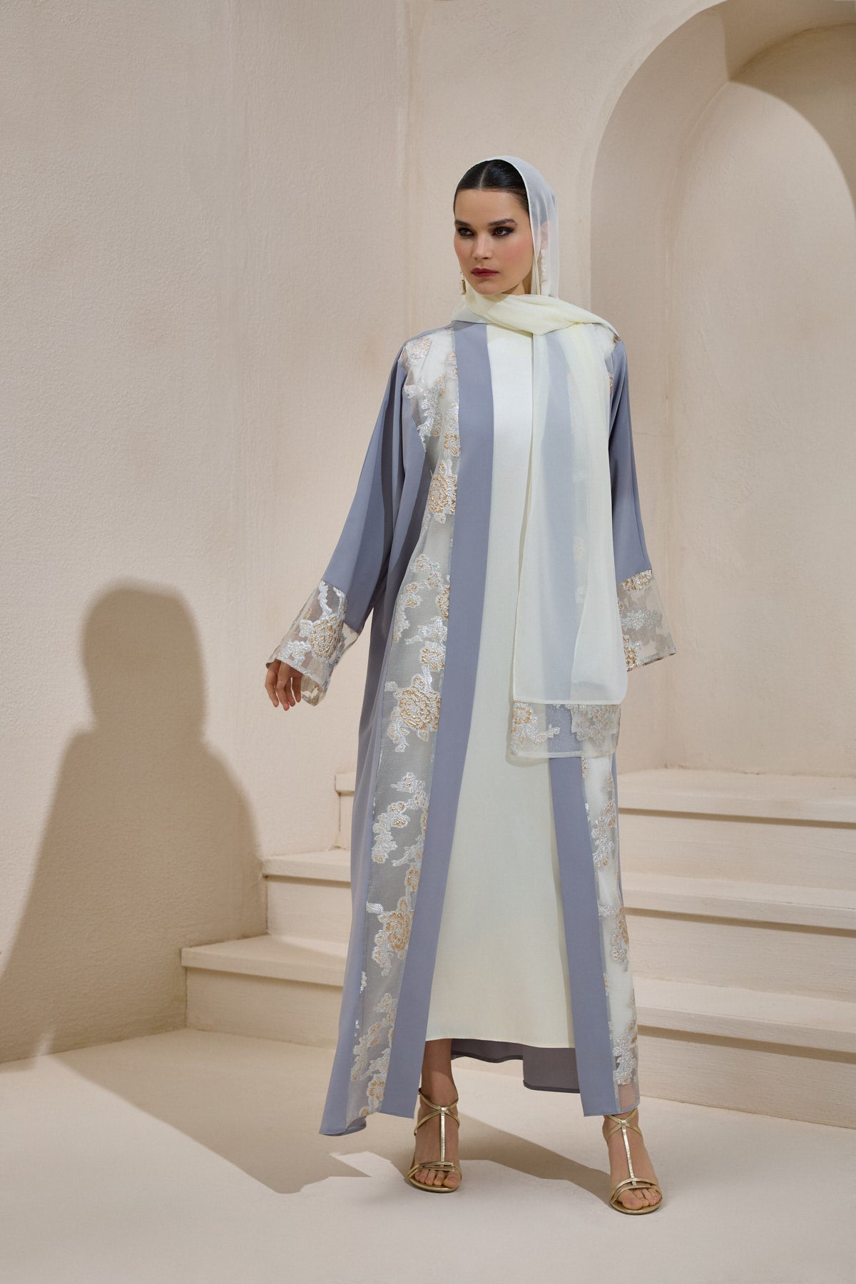 Gray Gold Brocade Abaya Set with Shawl - sonafey