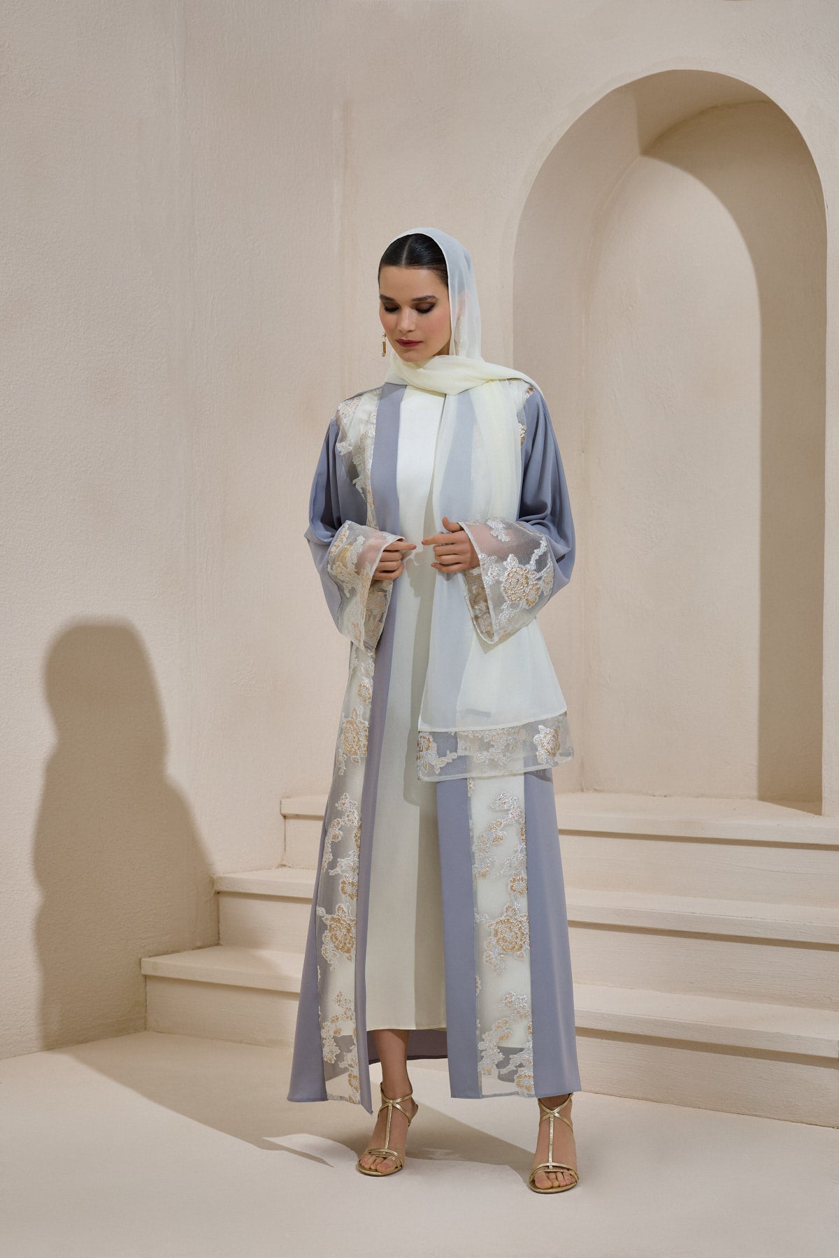 Gray Gold Brocade Abaya Set with Shawl - sonafey