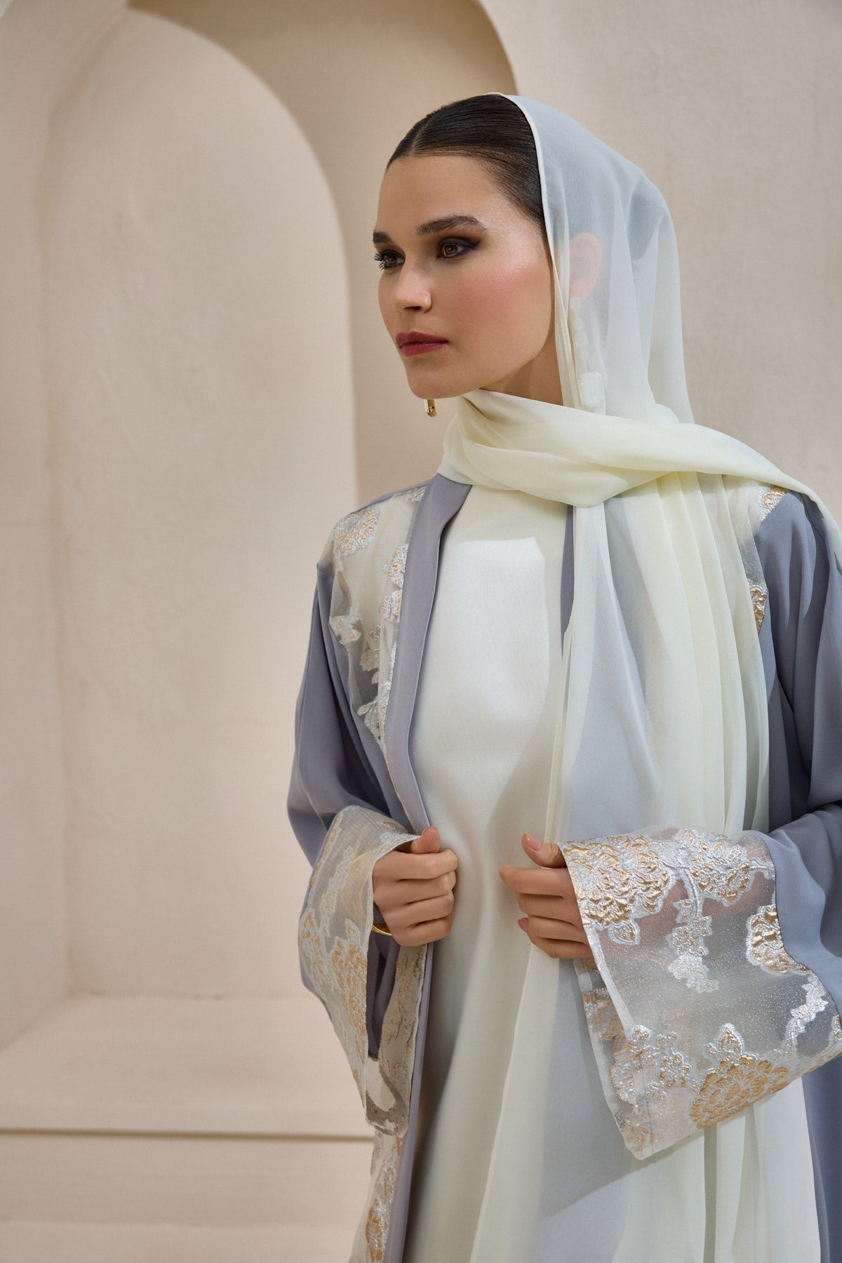 Gray Gold Brocade Abaya Set with Shawl - sonafey