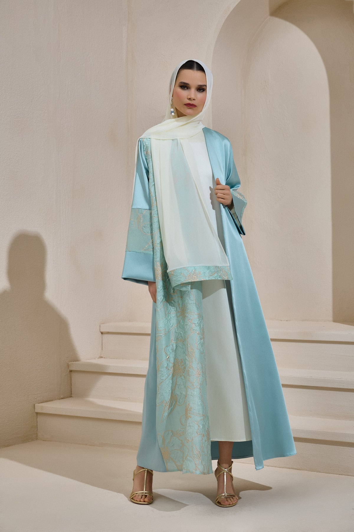 Mint Satin Gold Brocade Abaya Set with Shawl - sonafey