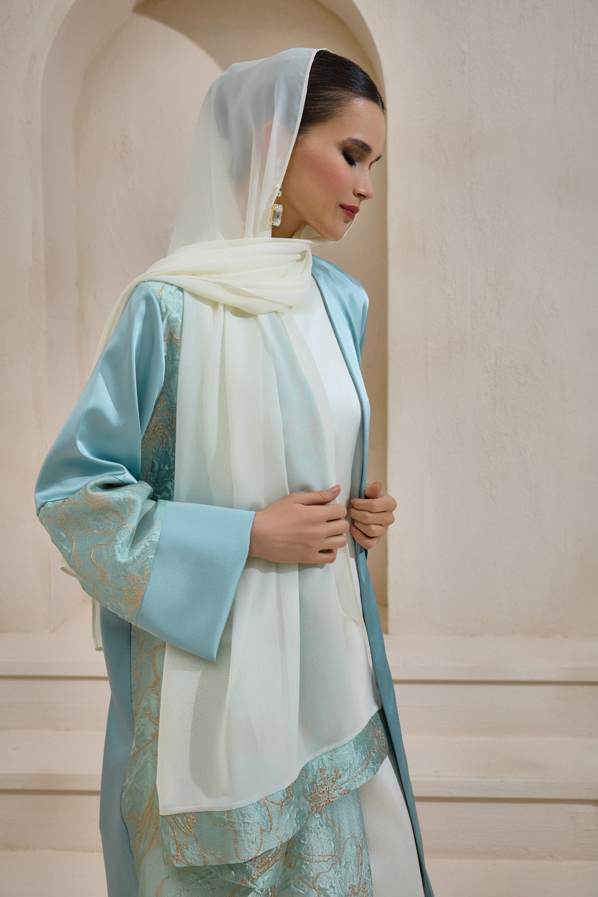 Mint Satin Gold Brocade Abaya Set with Shawl - sonafey