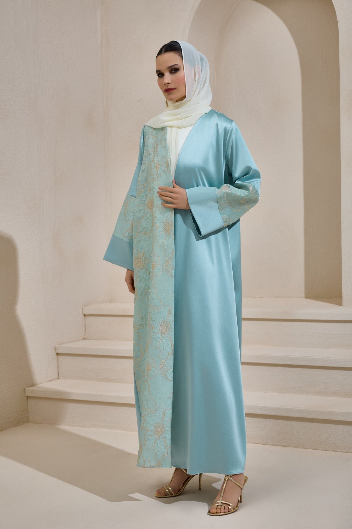Mint Satin Gold Brocade Abaya Set with Shawl - sonafey