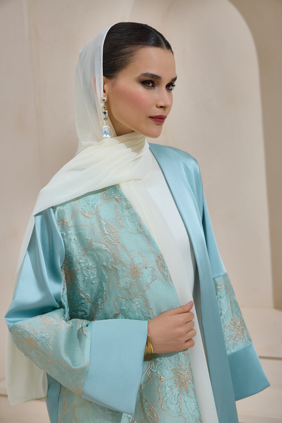Mint Satin Gold Brocade Abaya Set with Shawl - sonafey