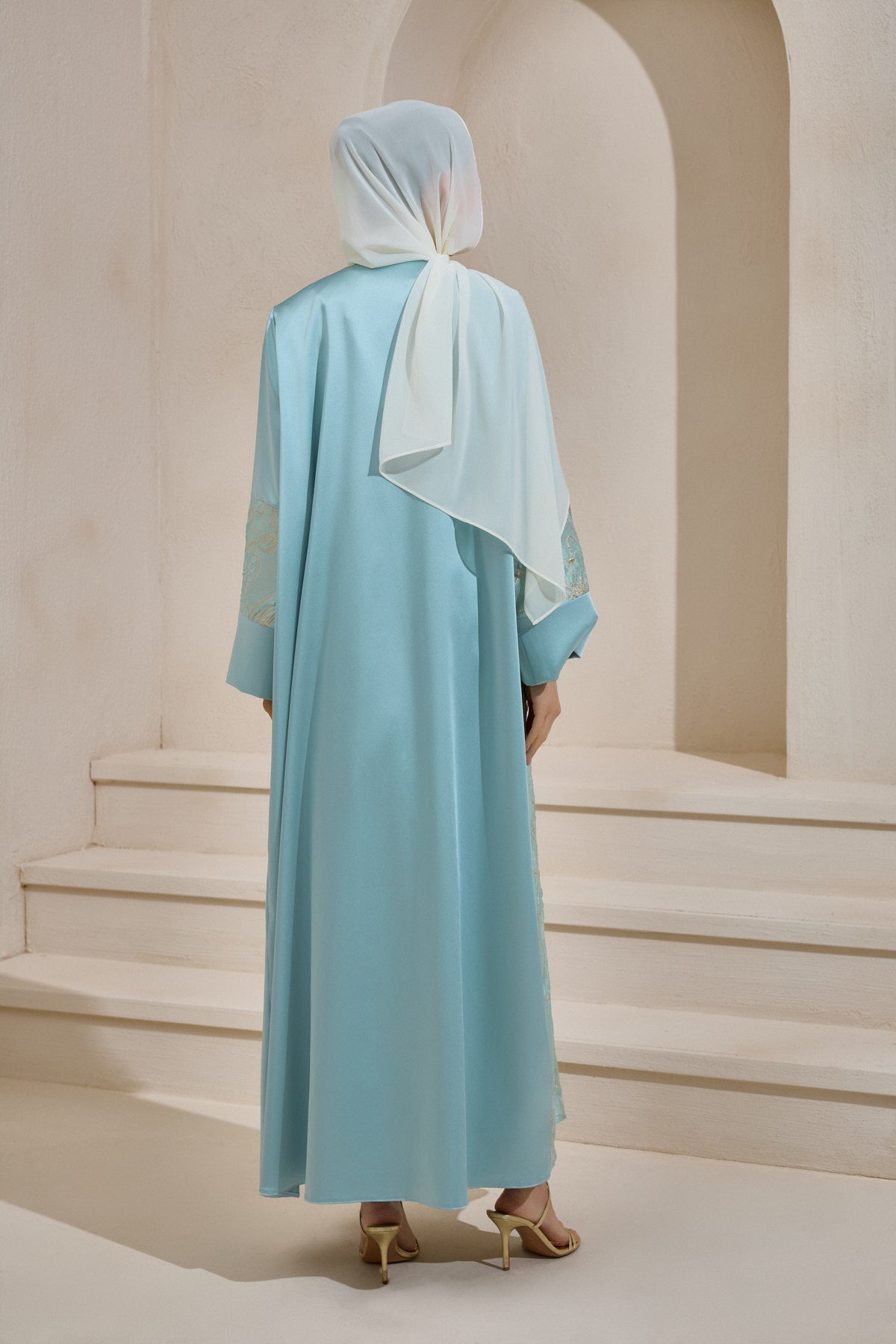 Mint Satin Gold Brocade Abaya Set with Shawl - sonafey