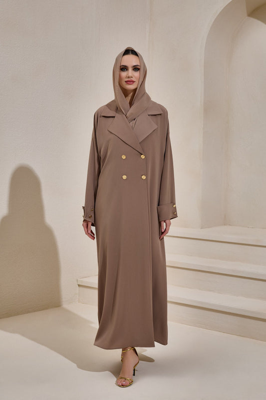 Mink Gold Button Detailed Trench Abaya - sonafey