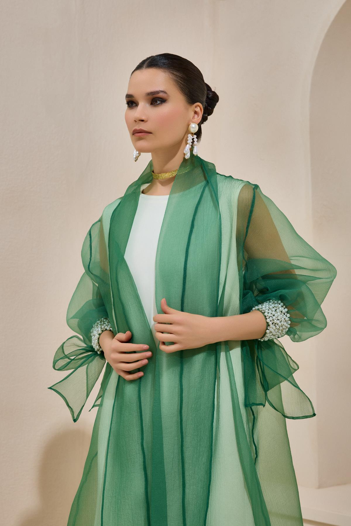 Rose Green Organza Pearl Detailed Abaya - sonafey
