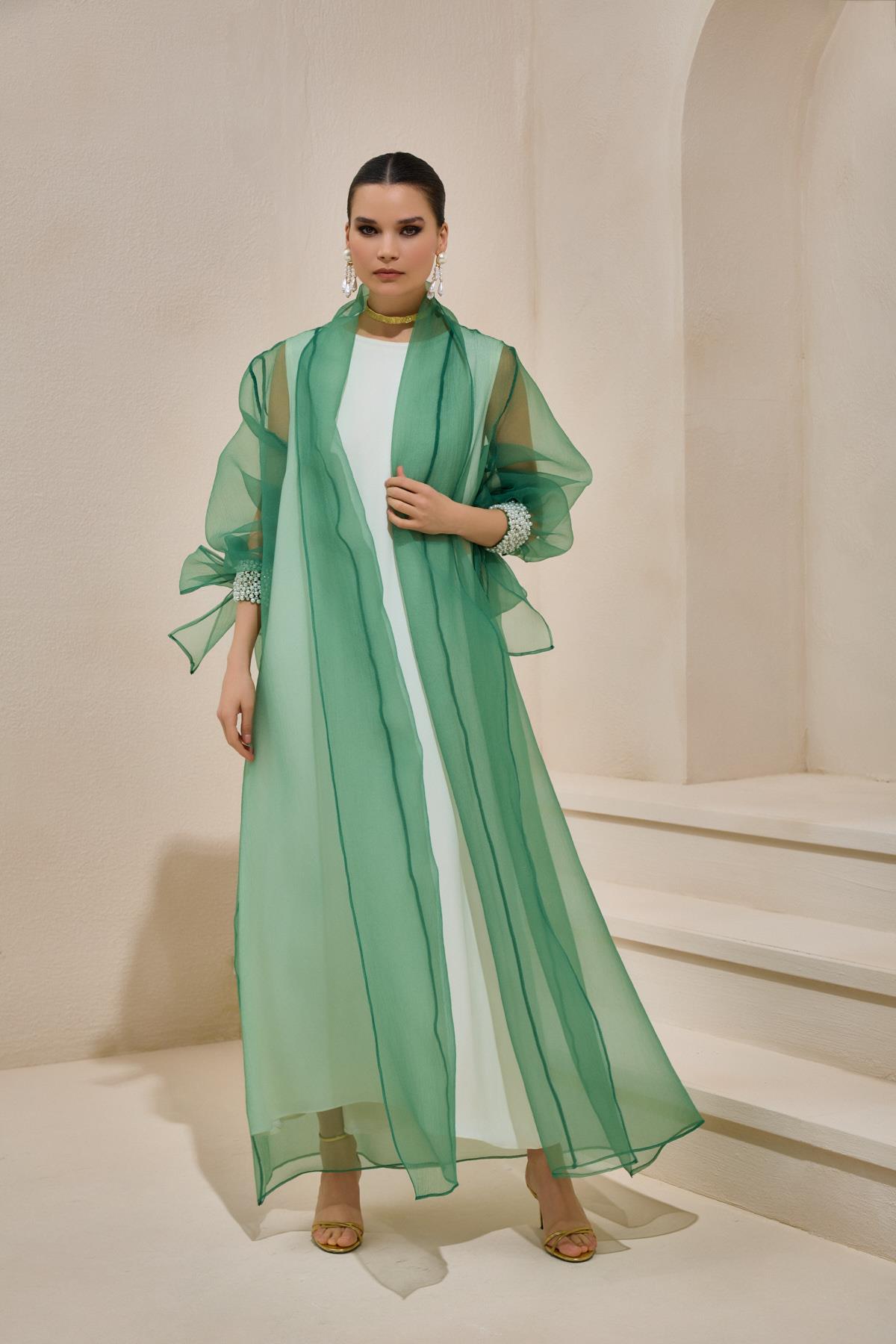 Rose Green Organza Pearl Detailed Abaya - sonafey