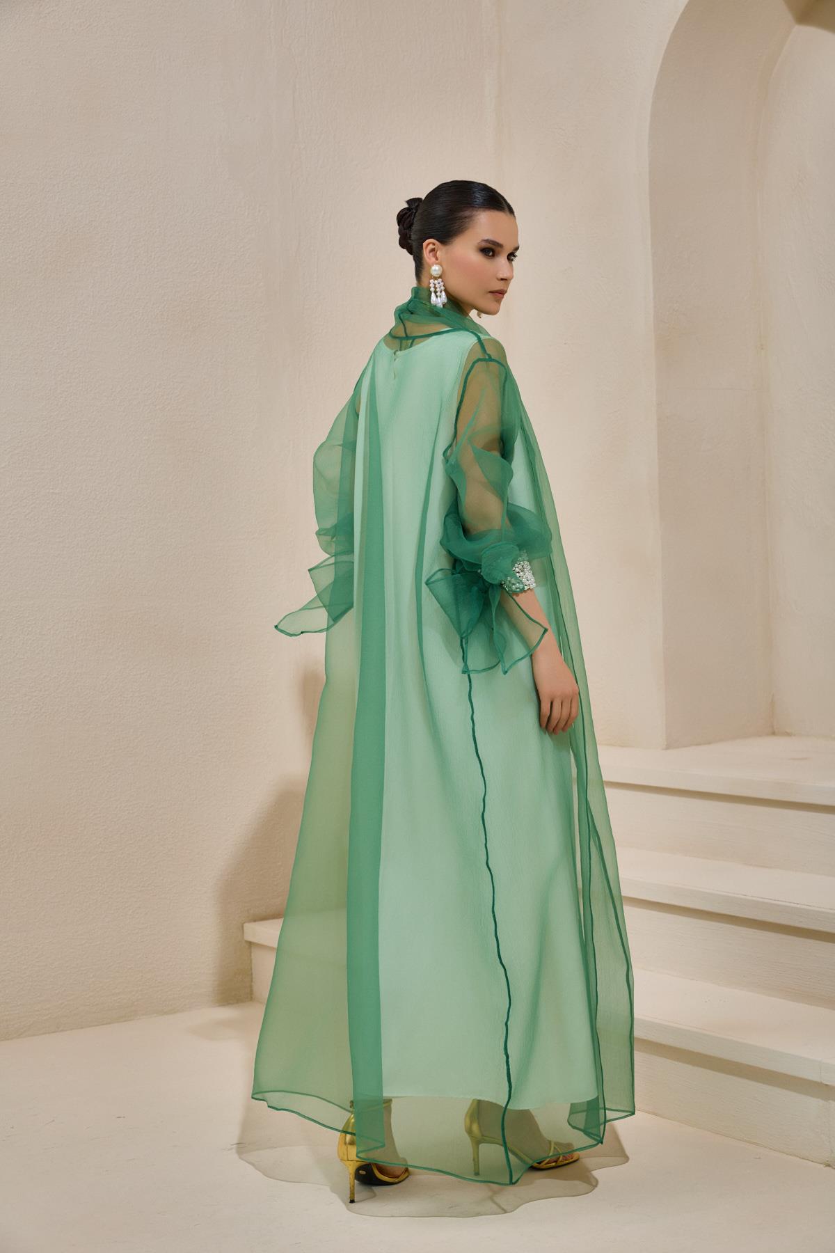Rose Green Organza Pearl Detailed Abaya - sonafey