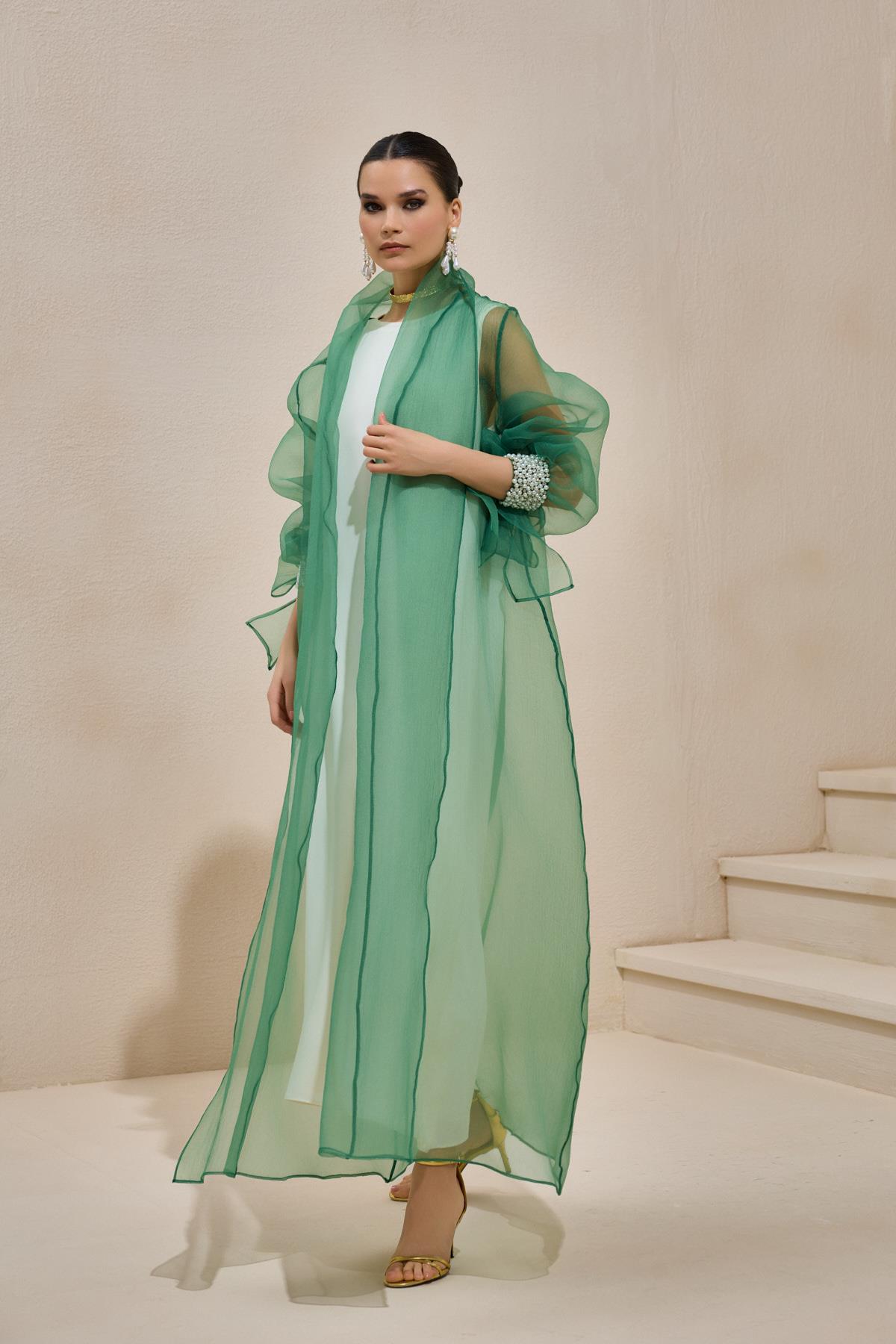 Rose Green Organza Pearl Detailed Abaya - sonafey