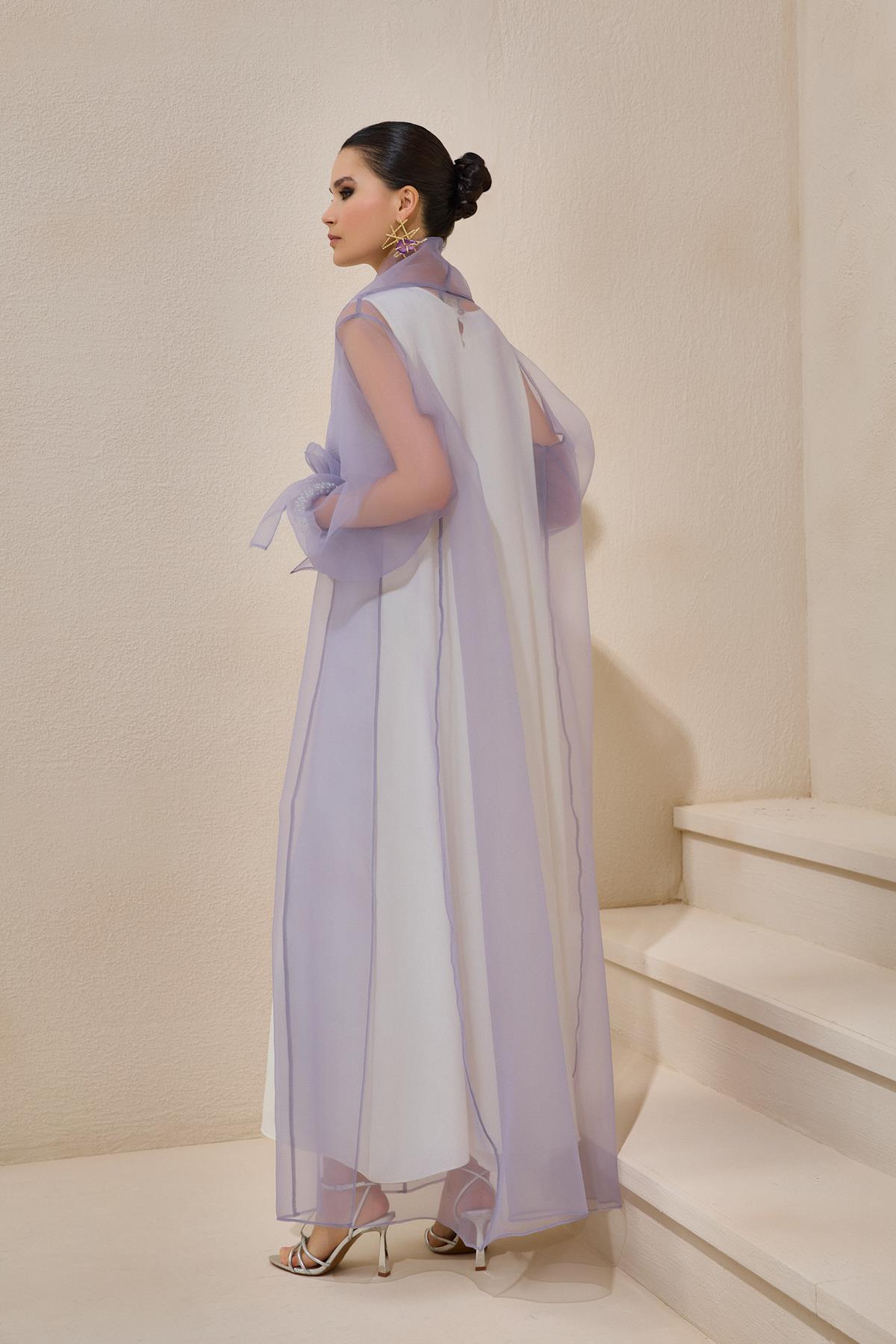 Rose Lilac Organza Pearl Detailed Abaya - sonafey
