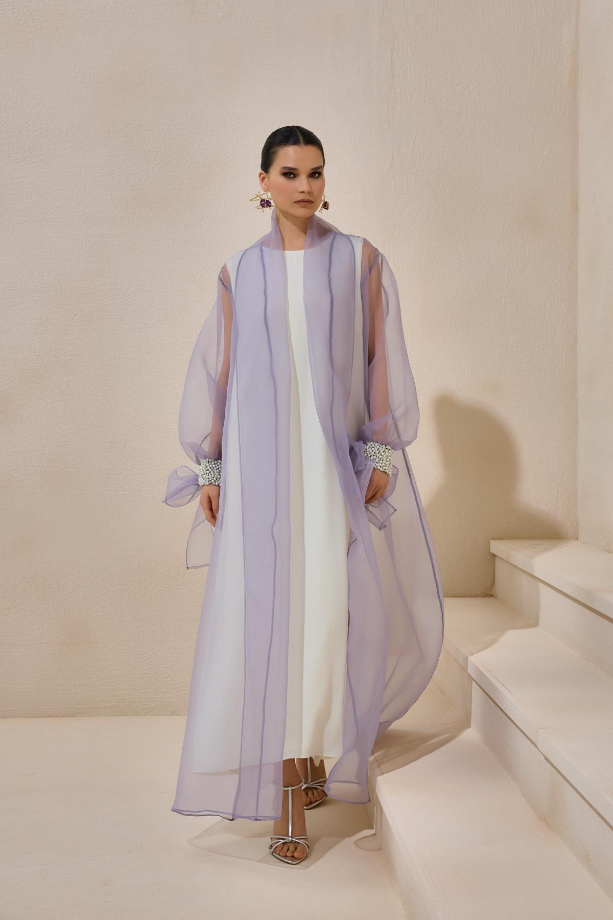 Rose Lilac Organza Pearl Detailed Abaya - sonafey