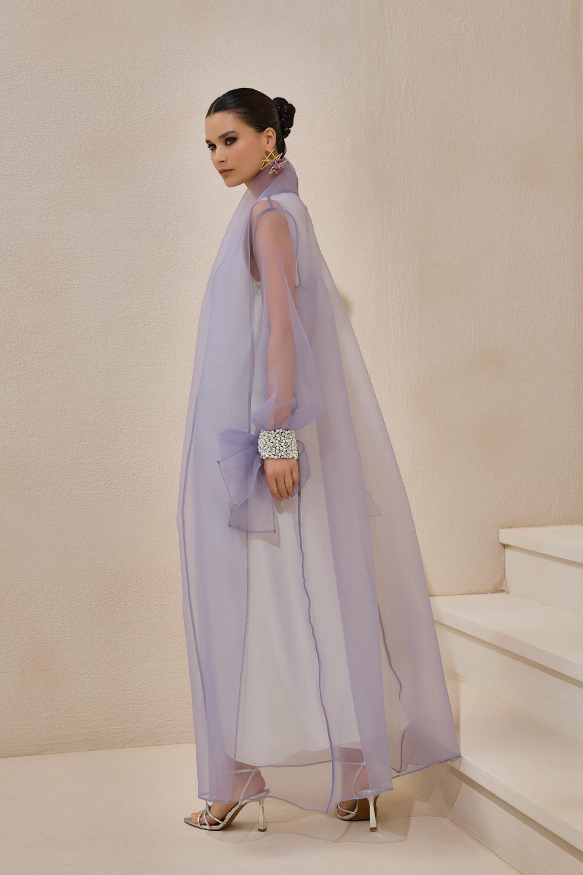 Rose Lilac Organza Pearl Detailed Abaya - sonafey