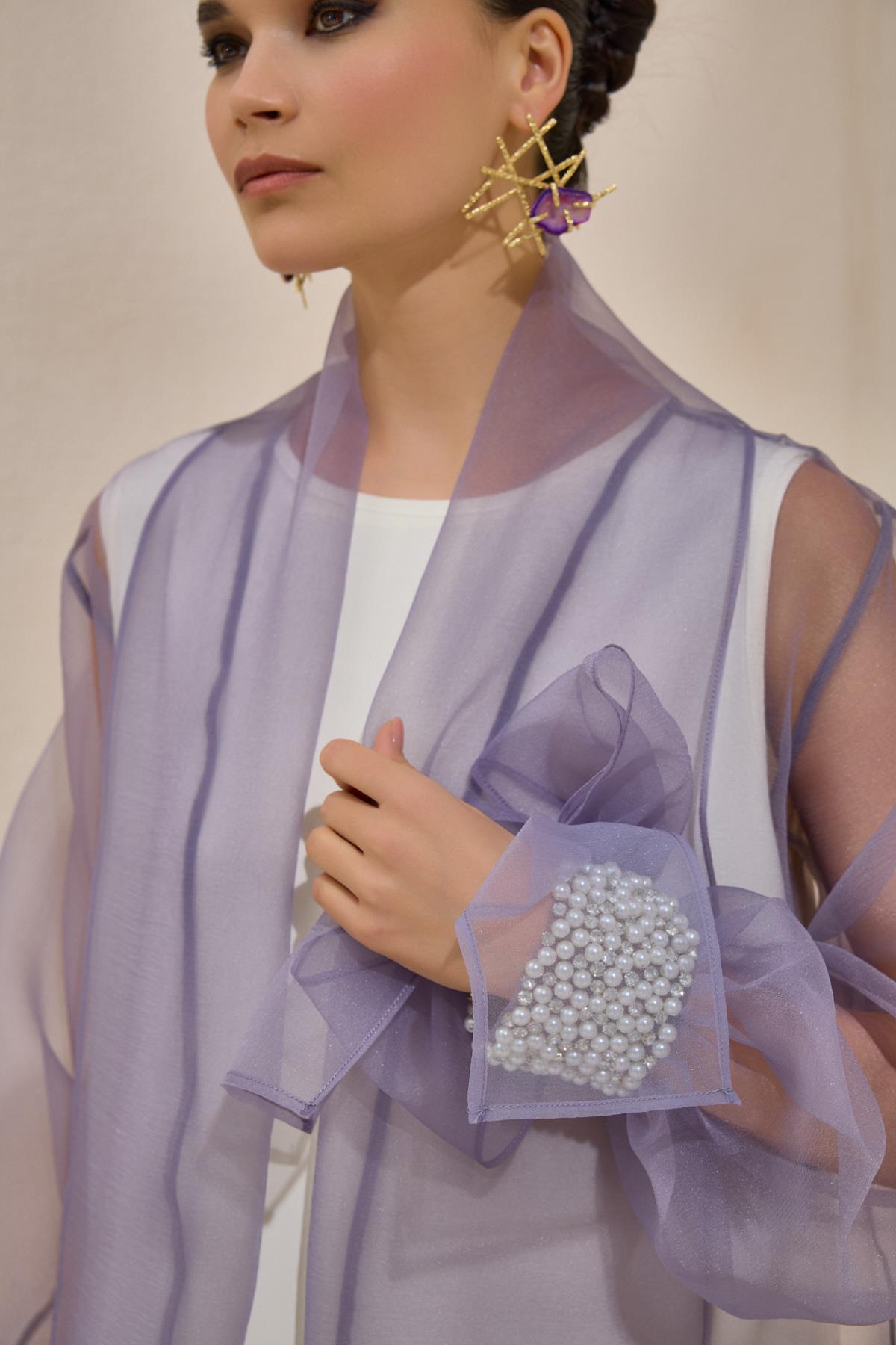 Rose Lilac Organza Pearl Detailed Abaya - sonafey